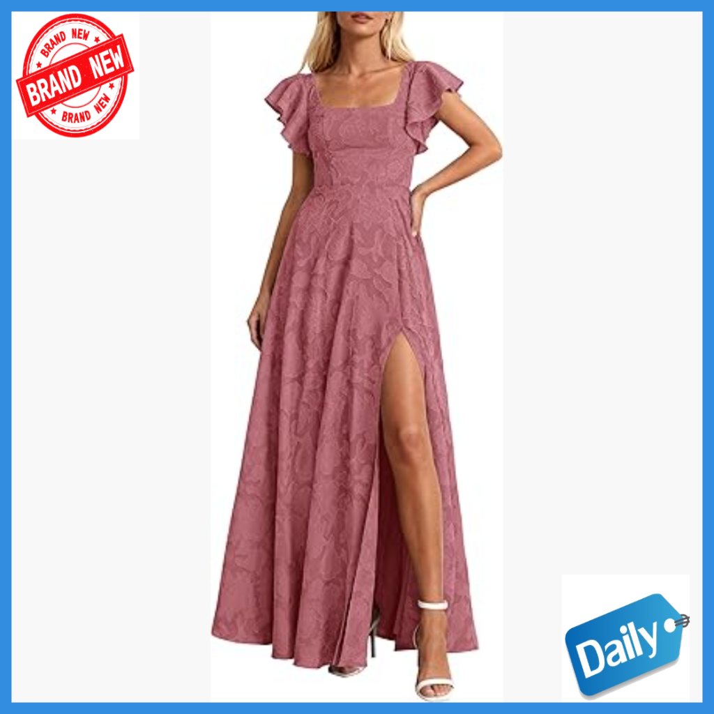 Maxi Formal Dress With Lace Floral Jacquard, Square Neck, Pockets